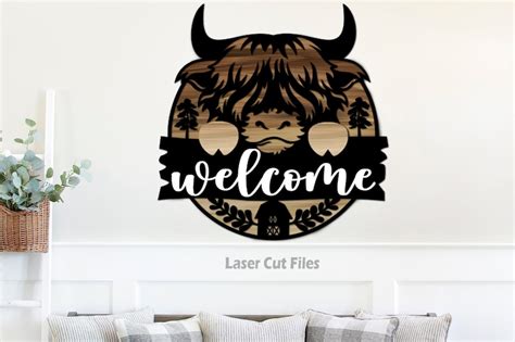 Highland Cow Door Hanger Svg Laser Cut Files Cow Head Svg Etsy