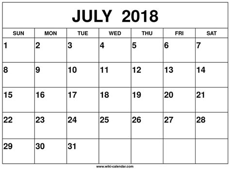 Printable July 2018 Calendar Templates