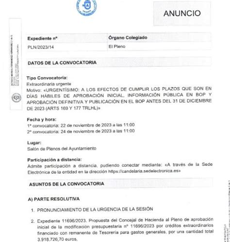 Convocatoria Pleno Extraordinario Y Urgente Candelaria