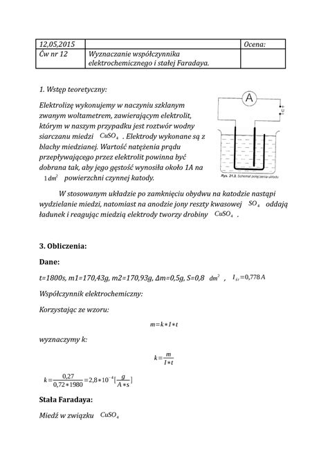 Wyznaczanie Wsp Czynnika Elektrochemicznego I Sta Ej Faradaya