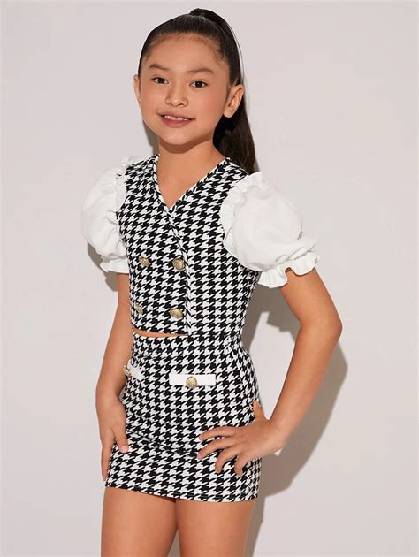 Shein Tween Girl Houndstooth Button Front Puff Sleeve Crop Top Skirt