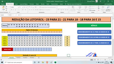 Planilha Lotofácil Redução 23 Dezenas para 21 21 para 18 Jogos