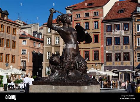 The Mermaid Statue Syrenka Of Warsaw In Old Town Market Square Stock