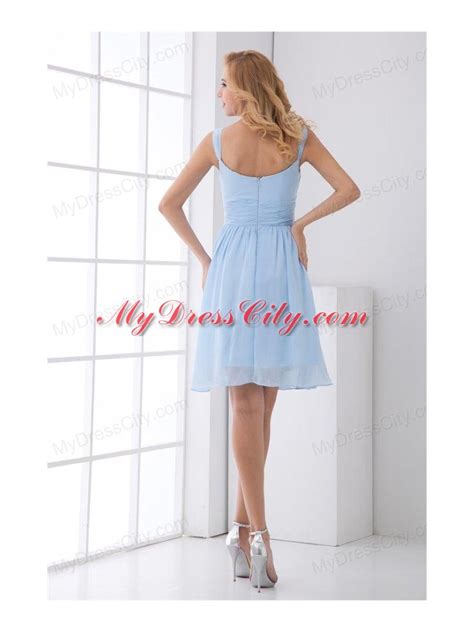 Simple Empire Straps Knee Length Chiffon Light Blue Prom Dress