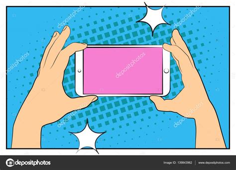 Comic Smartphone Phone With Halftone Shadows Hand Holding Smartphone