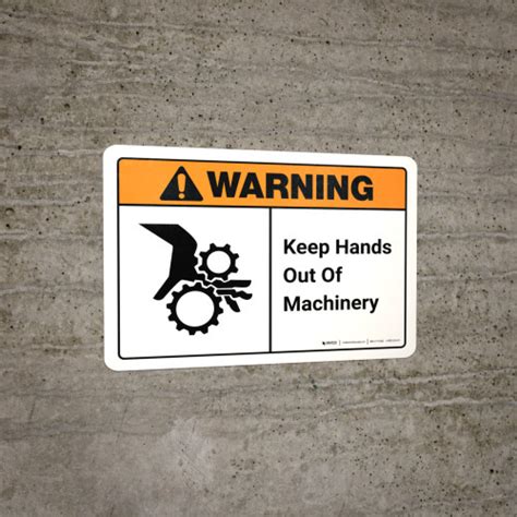 Warning Keep Hands Out Of Machinery With Icon Ansi Landscape Wall Sign