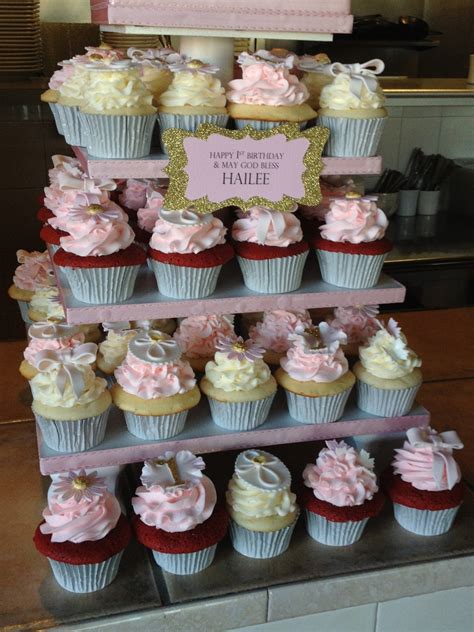 Pretty In Pink 1st Birthday Baptism Cupcake Tower