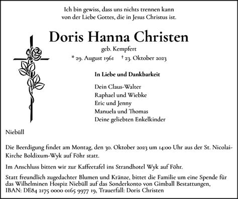 Traueranzeigen Von Doris Hanna Christen Sh Z Trauer