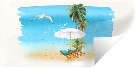 Muurstickers Sticker Folie Strandstoel Parasol Vogel Palm