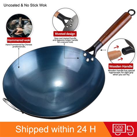 Kawali Wok Non Stick Wok Round Bottom Duty Carbon Steel Wok 36cm