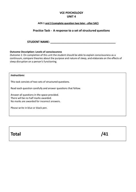 Set Of Structured Questions Unit 4 AOS 1 And 3 VCE PSYCHOLOGY UNIT 4