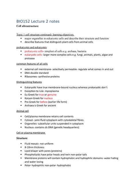 Lecture 2 Notes BIO152 Lecture 2 Notes Cell Ultrastructure Topic 1