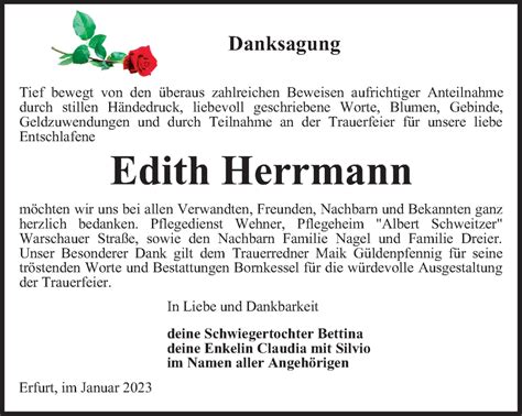 Traueranzeigen Von Edith Herrmann Trauer In Thueringen De