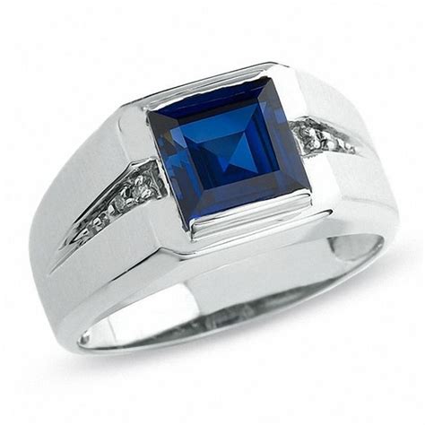 Men S Lab Created Blue Sapphire Ring In 10K White Gold With Diamond