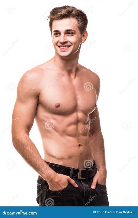 Well Built Shirtless Muscular Male Model Against White Background Stock