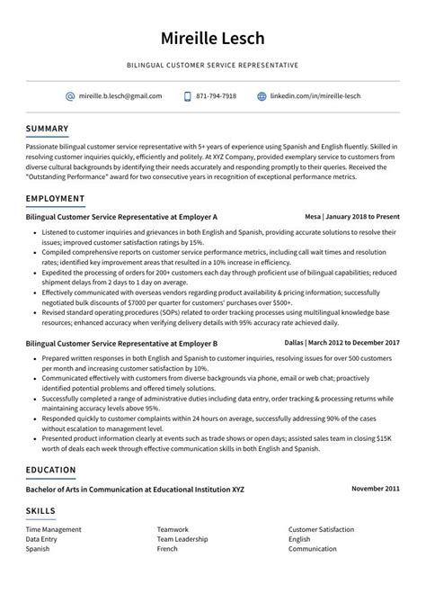 Bilingual Customer Service Representative Resume Cv Example And