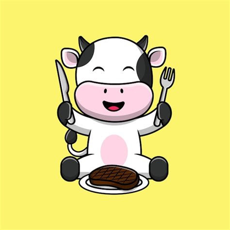 Premium Vector Cute Cow Eating Steak Meat With Fork And Knife Cartoon