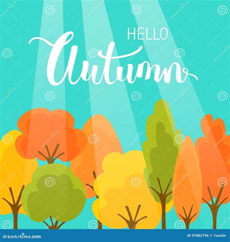 Hello Autumn Fall Colorful Cartoon Park Trees Background Stock Vector