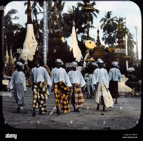 Burma Men Walking On Street Hand Colored Lantern Slide Photograph By