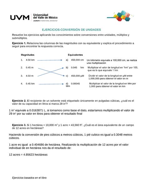 A1 metrologia EJERCICIOS CONVERSIÓN DE UNIDADES Resuelve los