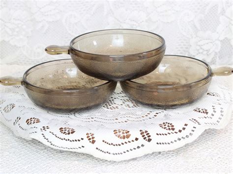 Set Of 3 Vintage Amber Glass Bowls With Handle Vtg 3 Glasbake Textured Brown Glass Soup Crocks