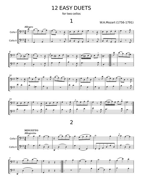 12 Easy Duets For Violin And Cello Wolfgang Amadeus Mozart Sheet