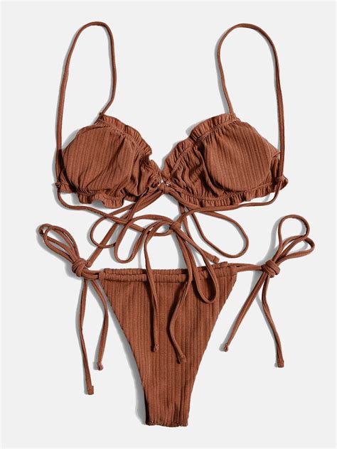 Emmiol Free Shipping 2024 Lace Up Ribbed Bikini Set Coconut Brown S In