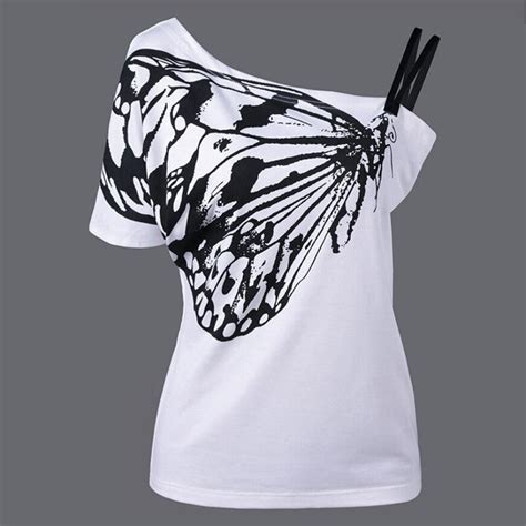 T Shirt Pour Femmes Paules D Nud Es Imprim Papillon En Coton Slim