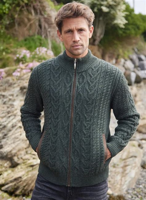 Eoin Zip Aran Cardigan In Army Aran Sweaters For Men Blarney