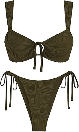 Amazon ZAFUL Women S Cinched Bikini Solid Color Wave Textured Knotted Tied Side Two Piece