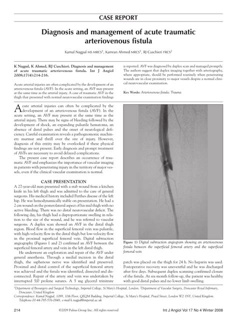 Pdf Diagnosis And Management Of Acute Traumatic Arteriovenous Fistula