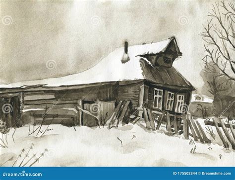 Russian Village Winter Landscape Hand Drawing Grisaille Watercolor ...