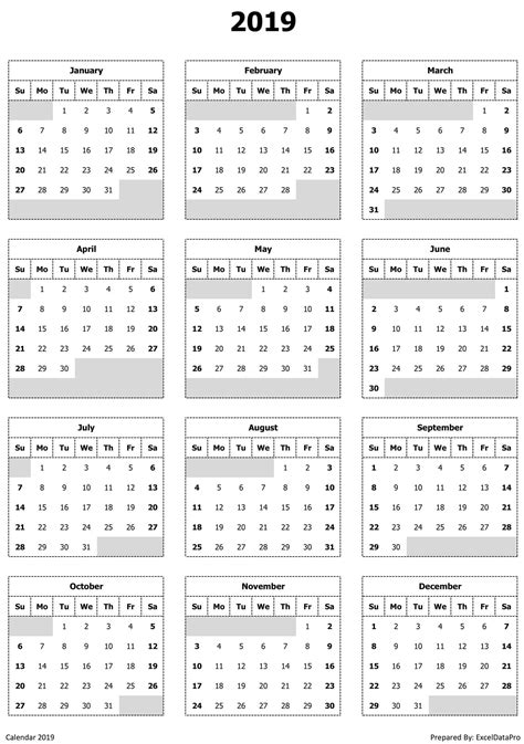 2019 Calendar Excel Templates Printable Pdfs And Images Exceldatapro