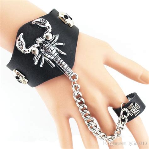 New Arrival Punk Scorpion Skull Leather Wide Bracelet With Ring For Men