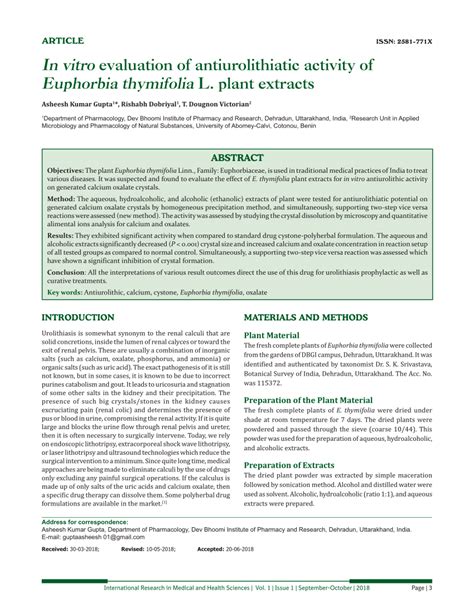 Pdf In Vitro Evaluation Of Antiurolithiatic Activity Of Euphorbia