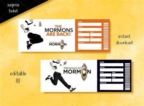 Printable The Book Of Mormon Ticket Editable Broadway Surprise Musical