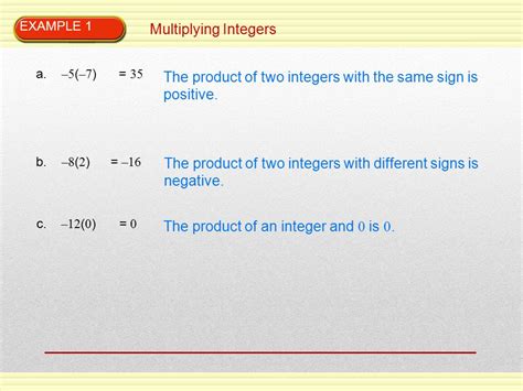 Integers Multiplying And Dividing Example 1 Multiplying Integers A 5 7 The Product Of