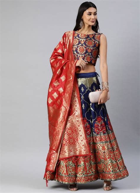 Shop Blue Benarasi Silk Brocade A Line Lehenga Festive Wear Online At