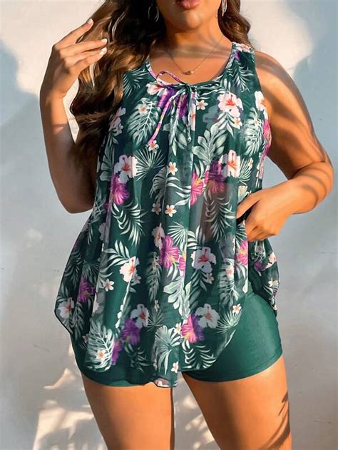 SHEIN SHEIN Swim Classy Plus Tropical Print Tie Front Bikini Swimsuit