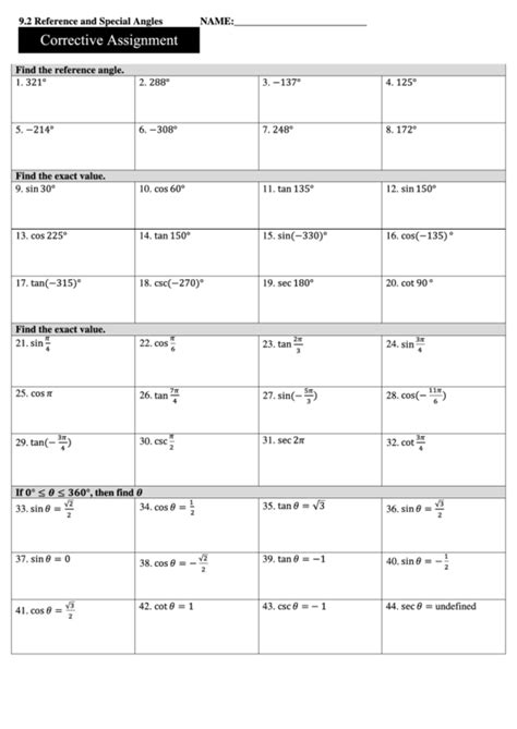 Reference Angle Worksheet