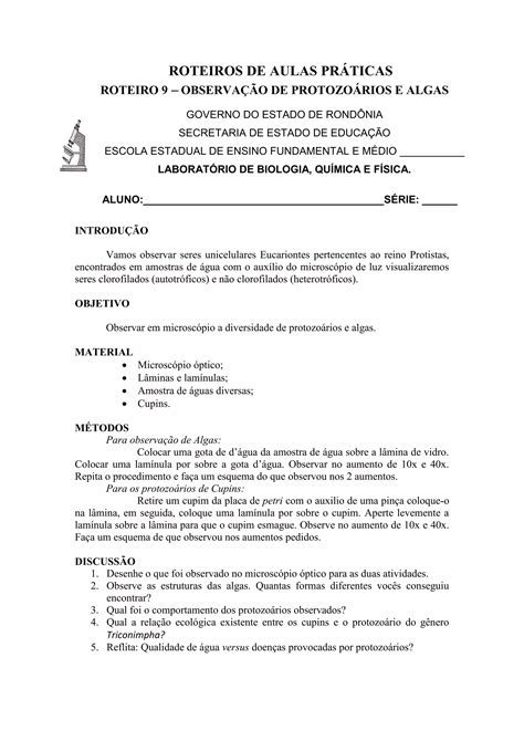 Roteiros De Aulas Práticas Roteiro 1 Microscópio óptico Pdf