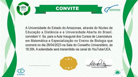 Convite Para Aula Inaugural Para Os Novos Cursos Da Universidade Aberta