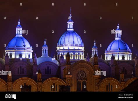 Three Illuminated Domes Of The New Cathedral Cuenca Ecuador Stock