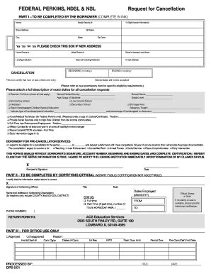 Fillable Online Federal Perkins Ndsl Nsl Request For Cancellation