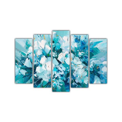 Cuadro De Flores Turquesa Y Azul En Lienzo Set De 5 Lienzos Finas