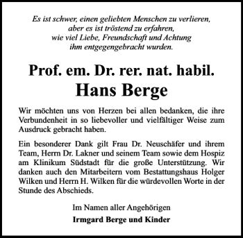 Traueranzeigen Von Hans Berge Trauer Anzeigen De