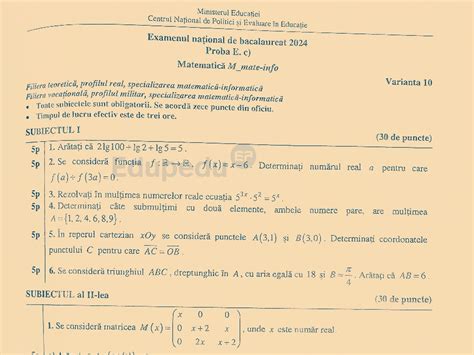 Subiecte Matematică Bac 2024 profilul real Mate Info Edupedu ro