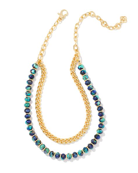 Rebecca Gold Multi Strand Necklace In Bronze Veined Lapis Turquoise