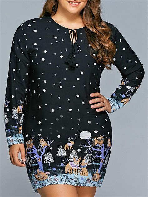 Off Plus Size Polka Dot Long Sleeve Christmas Tunic Dress Rosegal