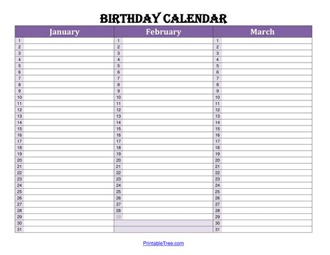 Free Printable Birthday Calendar PDF Templates